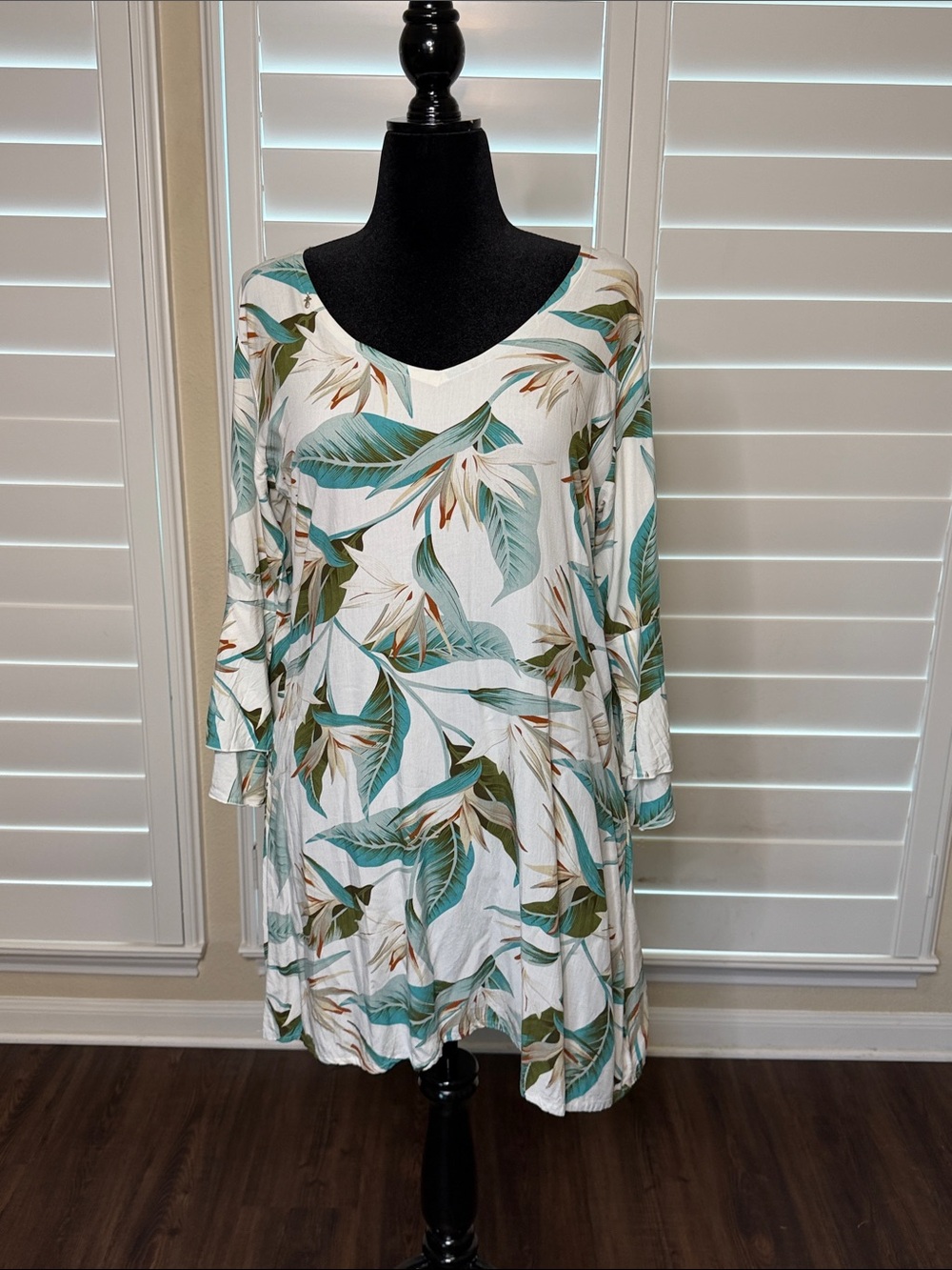 Long Sleeve White Dress with Green Tropical Leaf Print